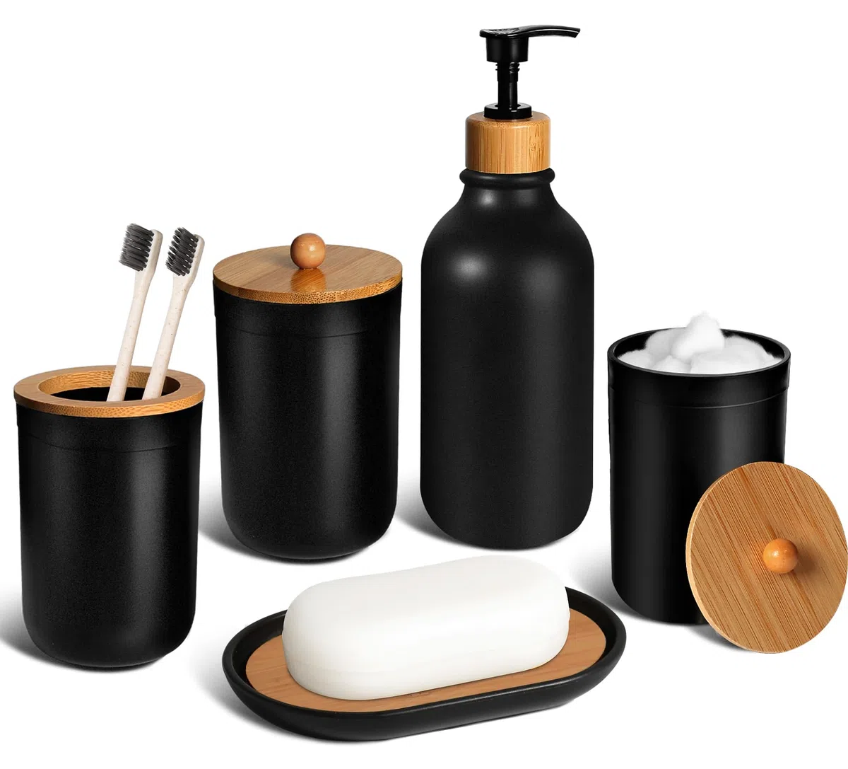 Juego de accesorios de baño negros de 5 piezas, accesorios de baño negro mate, dispensador de jabón de plástico y soporte para cepillos de dientes, jabonera, tarro de hisopo de algodón, juego de baño