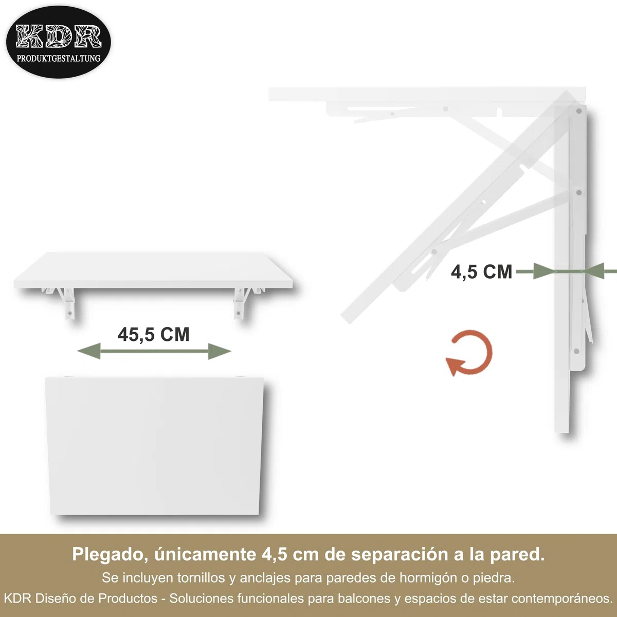 KDR Mesa Plegable de Pared 60 x 40 cm Blanco – Mesa abatible Multifuncional Ahorra Espacio, Escritorio Plegable o Mesa de Comedor para Cocina, Oficina o Estudio