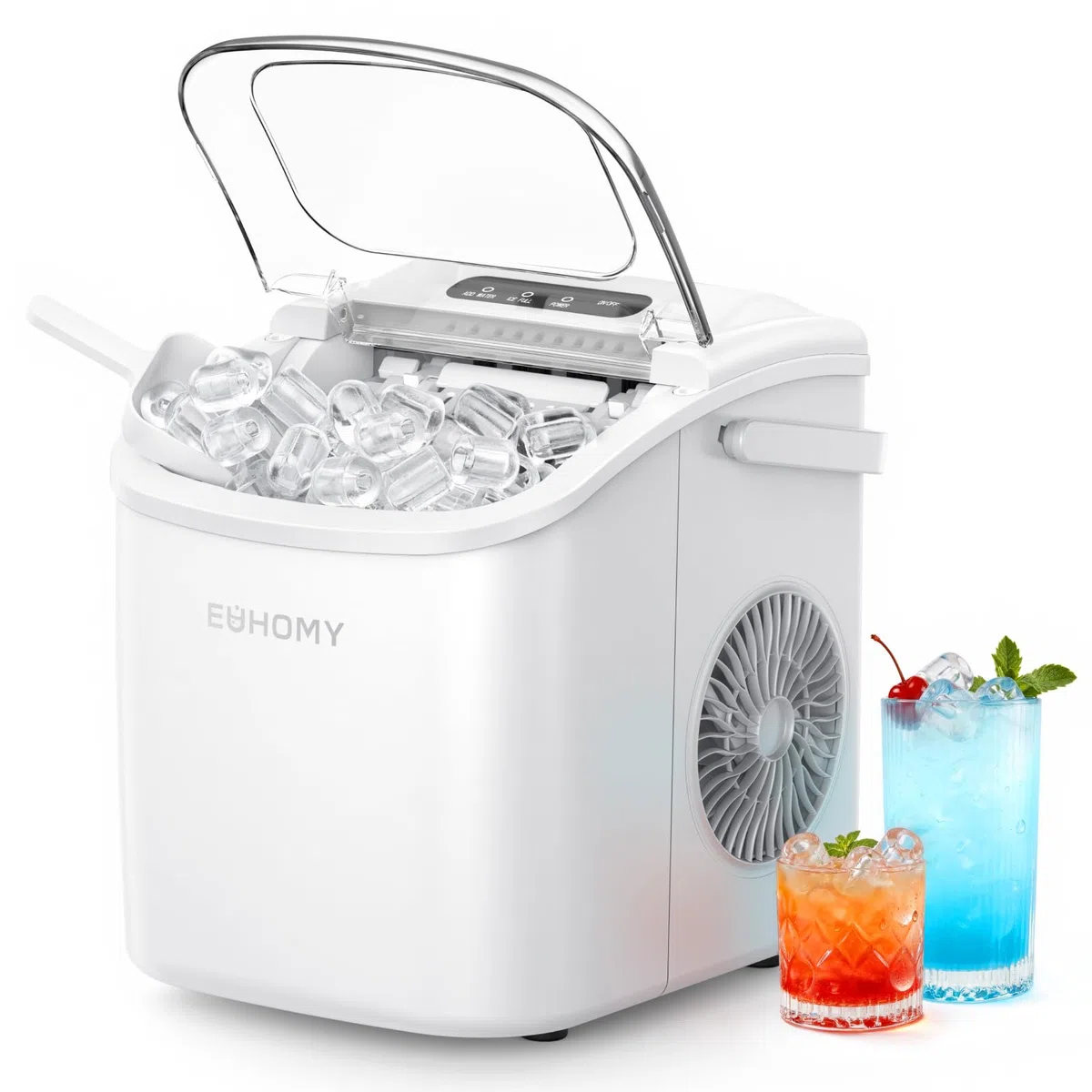 EUHOMY Máquina de cubitos de hielo de acero inoxidable, 24 cubitos de hielo en 13 minutos, 24 kg/24 h, máquina de hielo autolimpiable de 3,2 L con pala de hielo y cesta Blanca