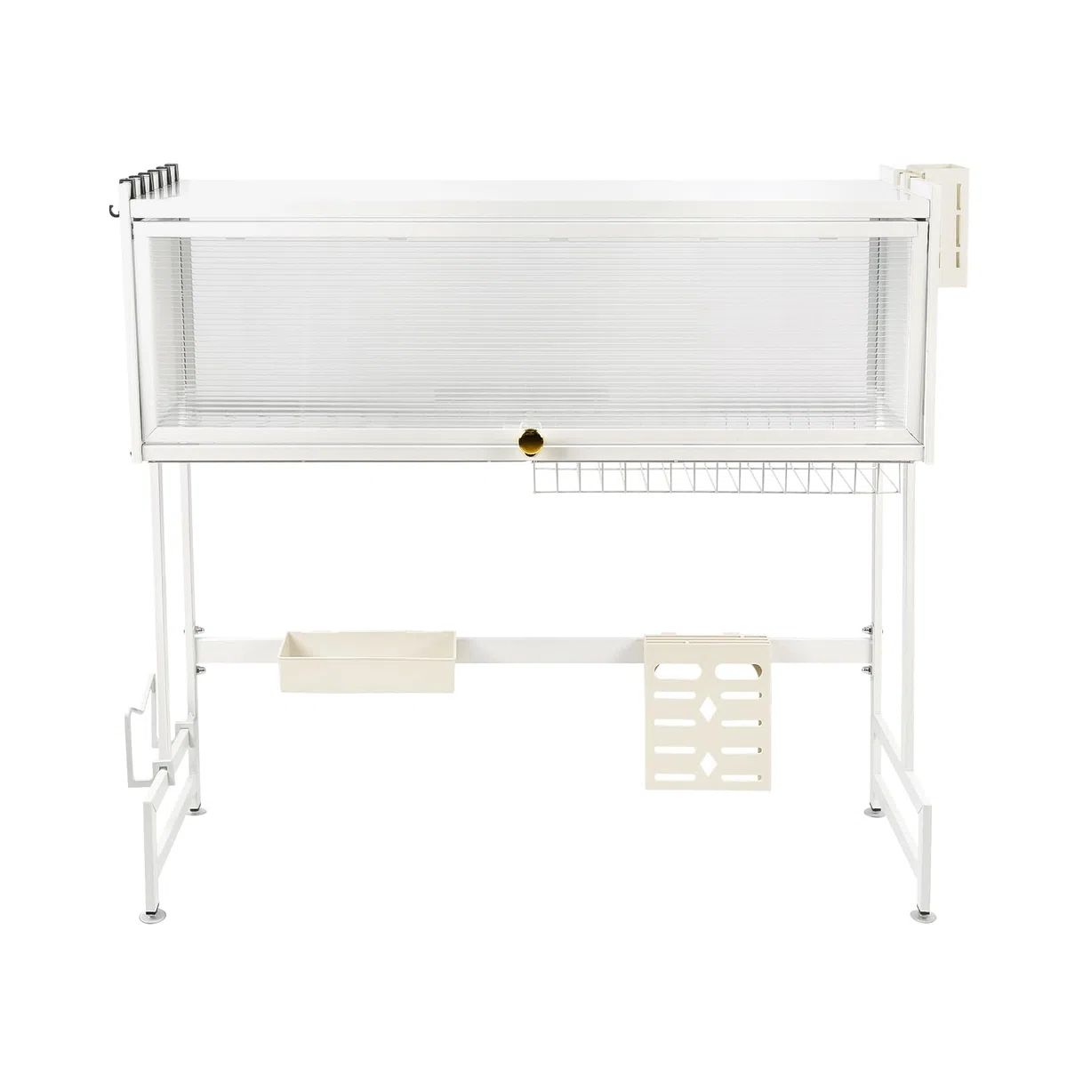 OHMG - Escurridor de platos de 3 pisos en la parte superior del fregadero, gran organizador de fregadero de acero inoxidable con varias cestas, portautensilios, gran estante de almacenamiento (85 x 28