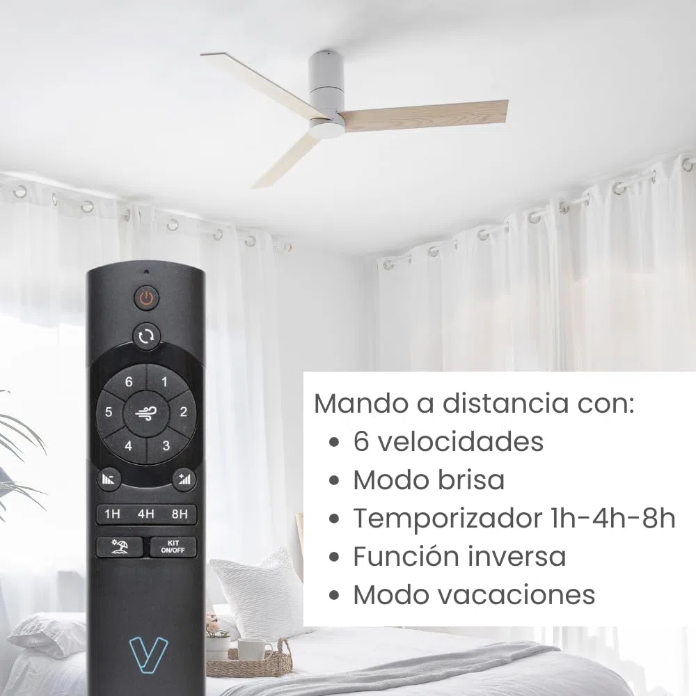 / HYBRID/Ventilador de techo blanco y palas reversibles blanco-arce Ø120 cm/Ultra Silencioso, bajo consumo, 6 Velocidades, Mando a Distancia, Verano-Invierno, temporizador, modo brisa