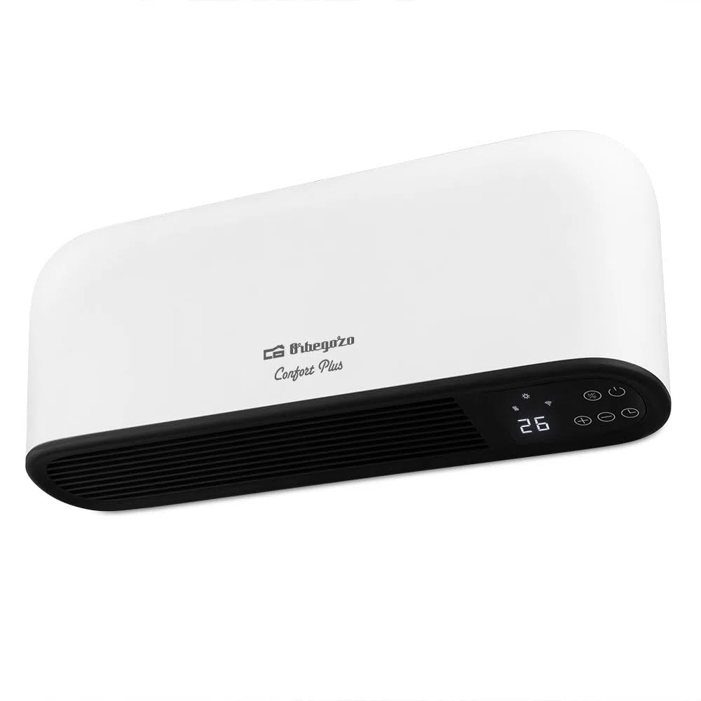 Calefactor cerámico de pared split WIFI. Conexión inalámbrica mediante APP. Especial para baño. Dos niveles calor: 1000-2000W. Termostato digital 10ºC a 35ºC. Mando a distancia