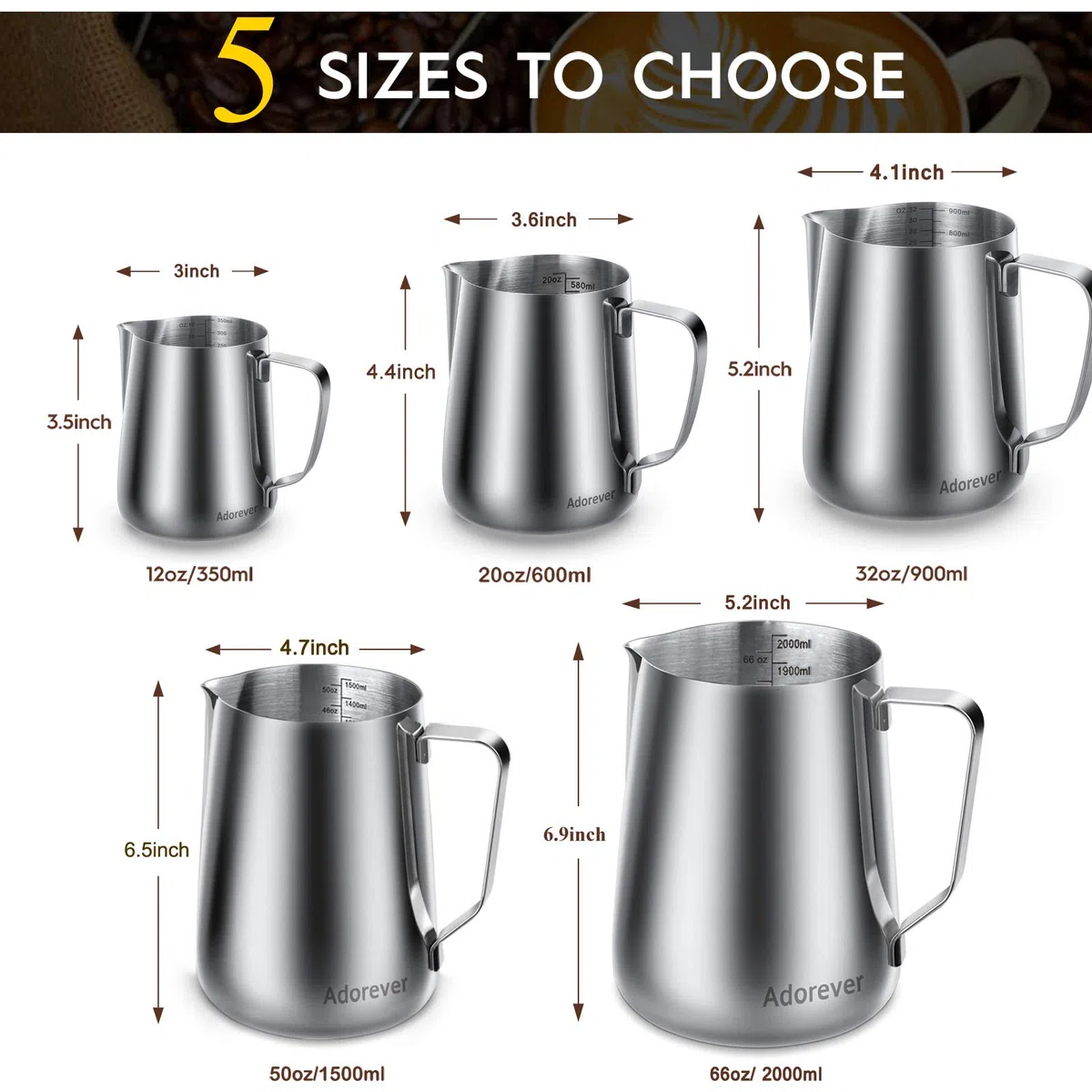 Jarra para espuma de leche de 350 ml, 600 ml, 900 ml, 1500 ml, 2000 ml, de acero inoxidable, para decoración barista de café con leche, capuchino - Jarra espumadora con lápiz para latte art