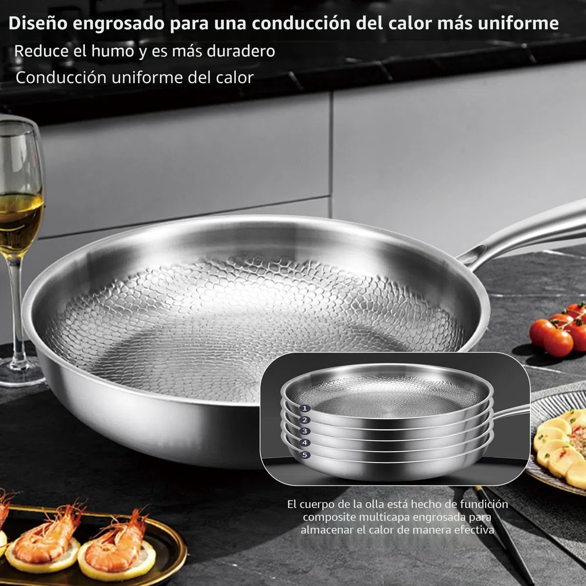 Sartén de titanio puro, sartenes de titanio puro martillado para cocinar, resistente a los arañazos, antiadherente, apta para lavavajillas, sartén martillada con tapa, compatible con todas las placas