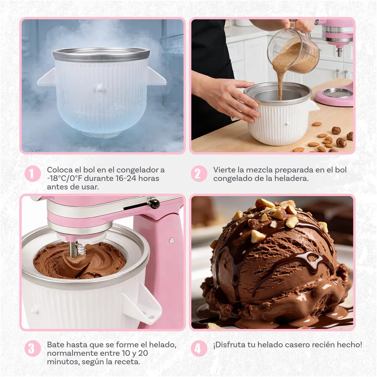 Accesorio para Máquina de Helados para KitchenAid Batidora – Compatible con Modelos 4.5QT, 5QT y 6QT Tilt-Head y Bowl-Lift – Cuenco de 1.9L para Helado, Sorbete, Gelato y Yogurt Congelado