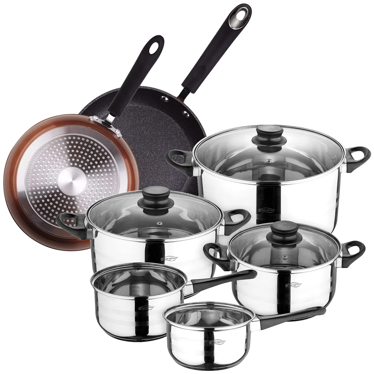 San Ignacio Bateria de cocina 8 piezas acero inoxidable, con juego de sartenes Premium (20 y 24 cm) en aluminio forjado, inducción