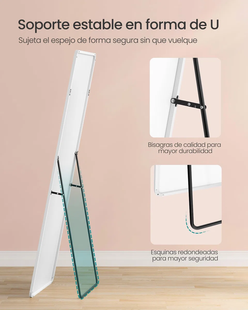SONGMICS Espejo de Cuerpo Entero, 160 x 50 cm, Espejo de Pie Rectangular con Soporte, con Marco de Aleación de Aluminio, Cristal Templado, para Dormitorio, Salón, Vestuario, Blanco Mate LFM030WC01