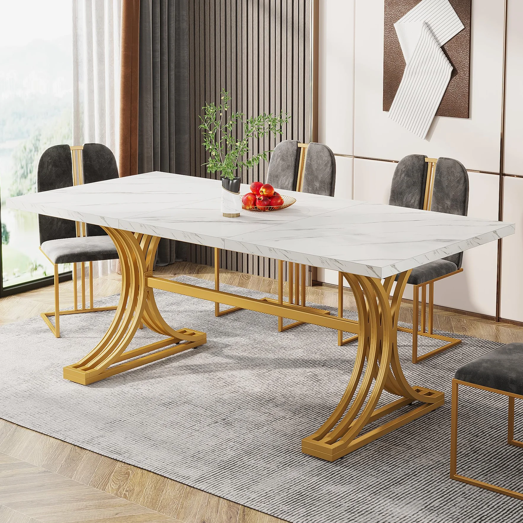 Tribesigns Mesa de comedor moderna de 160 x 80 cm para 4 – 6 personas, mesa de cocina con tablero de mármol sintético, marco de metal resistente, color blanco y dorado