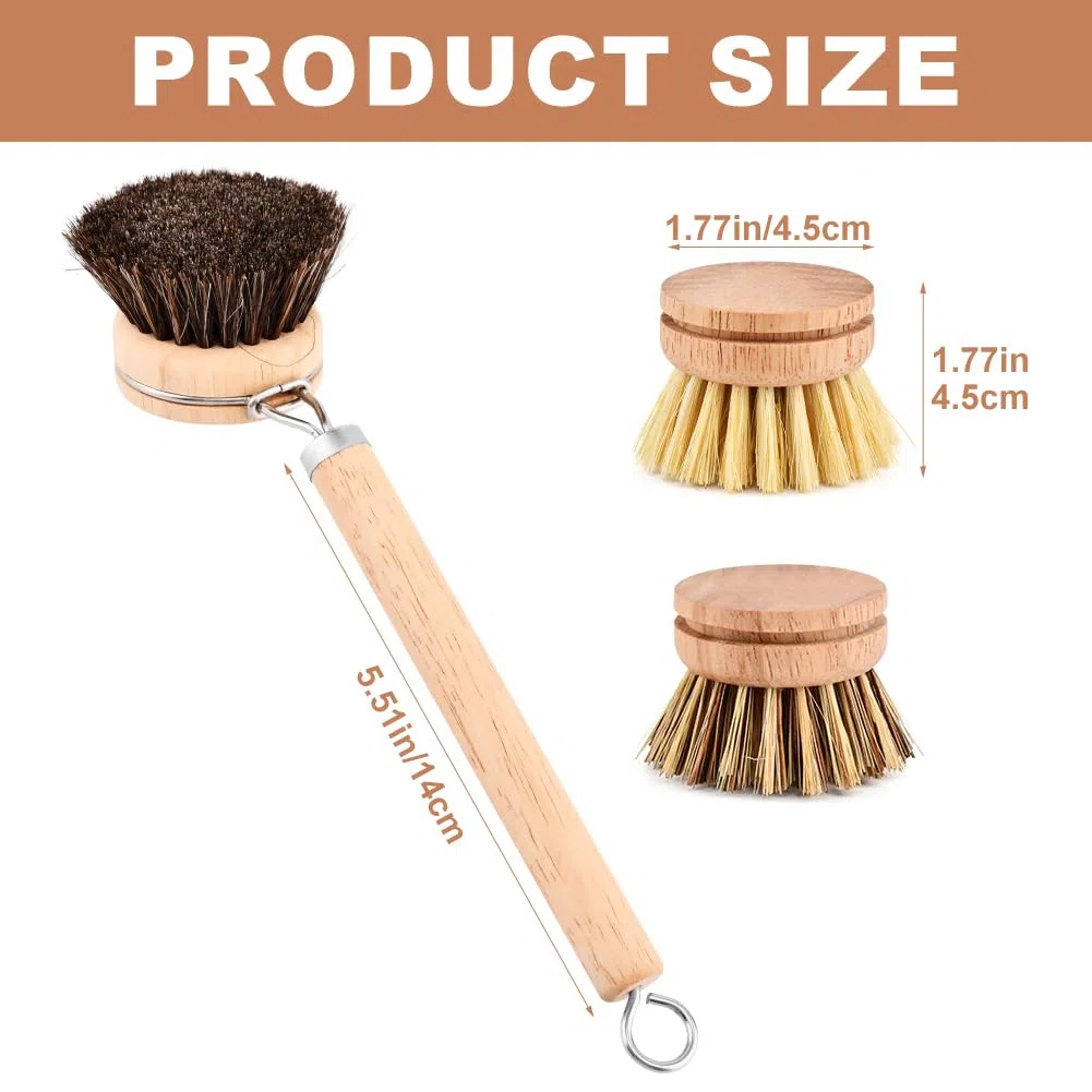 Juego de cepillos de bambú para platos, 1 mango de madera con 3 cabezales de cerdas naturales, cepillo multiusos de cocina con sisal y crin de caballo de palma para limpiar platos, sartenes y verduras