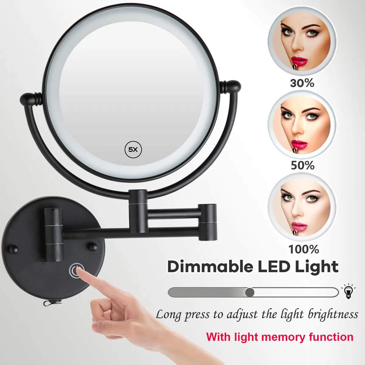 Espejo Maquillaje con Luz Pared, 1X / 5X Doble Cara Espejo Baño,Material de Latón,Espejo Aumento con Luz,Control por Interruptor Táctil,Brillo Ajustable,360 Giratorio Espejo para Baño,Hotel