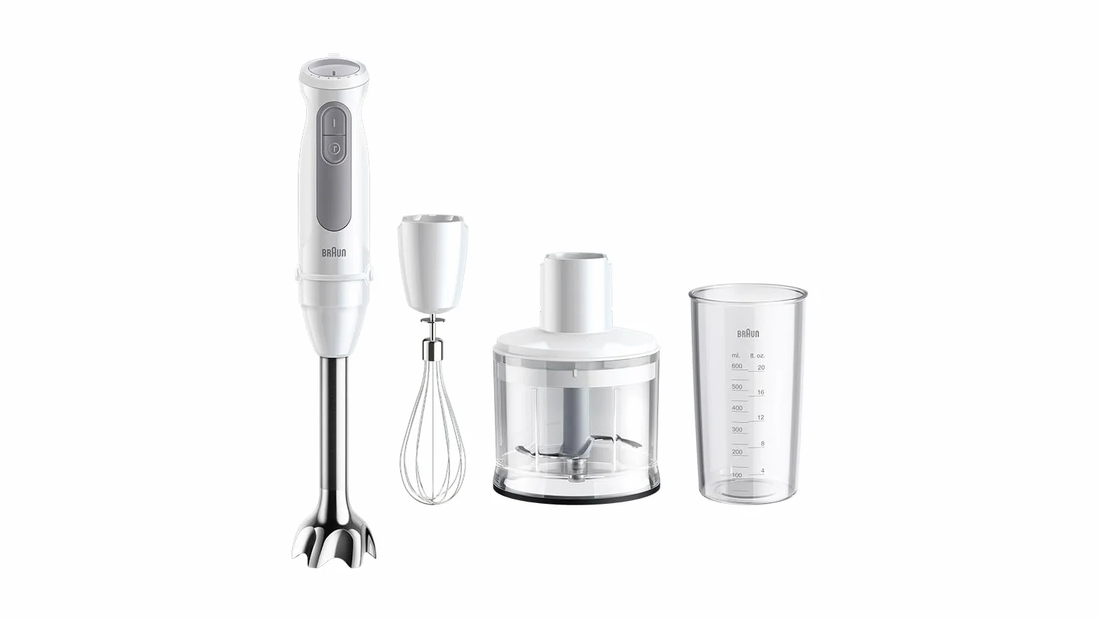 Braun Minipimer MultiQuick 5 - Batidora de mano con picadora y varilla para sopas, batidos y smoothies, 21 velocidades + Turbo, picadora 500ml, vaso medidor 600ml, 1000W, blanco (MQ50236M)