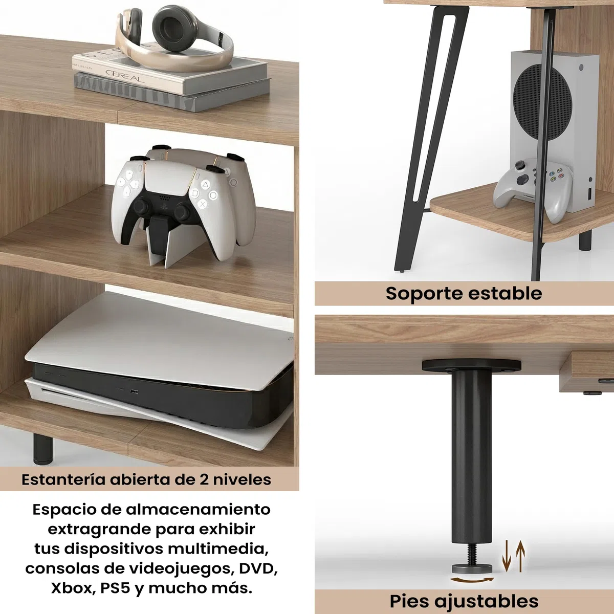Manora Mueble de TV Moderno Industrial, Mesa de TV para hasta 55 Pulgadas, Mueble TV Salon con Compartimentos Abiertos, Mueble Television para Salon, Dormitorio, 120 x 35 x 52 cm, Roble