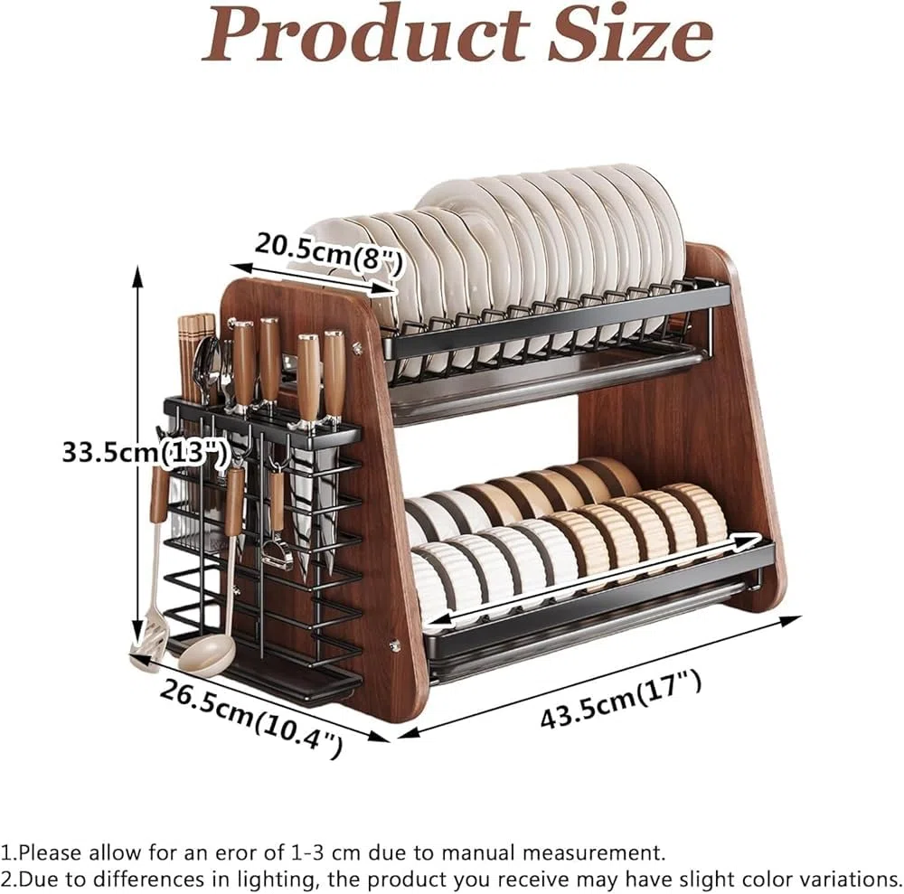 Escurridor de platos de madera de 2 niveles con accesorios de acero inoxidable, escurridor de platos de encimera con soporte extraíble para cubiertos para fregadero de cocina