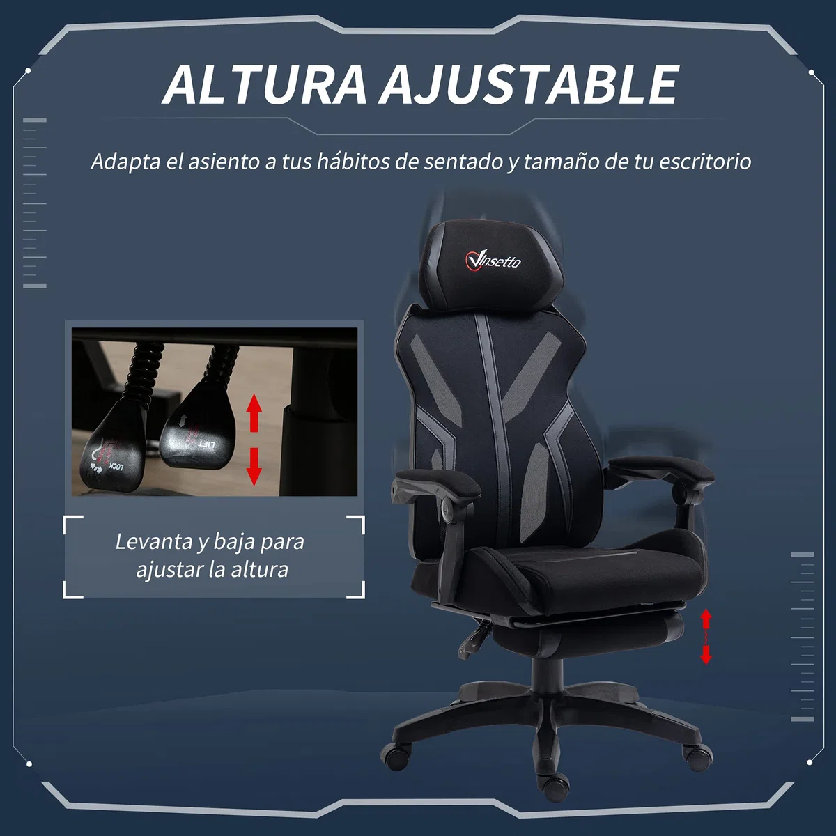 Vinsetto Silla Gaming con Reposapiés Retráctil 65x65x119-129 cm Negro | Silla de Oficina Giratoria Reclinable, con Reposacabezas, Altura Ajustable