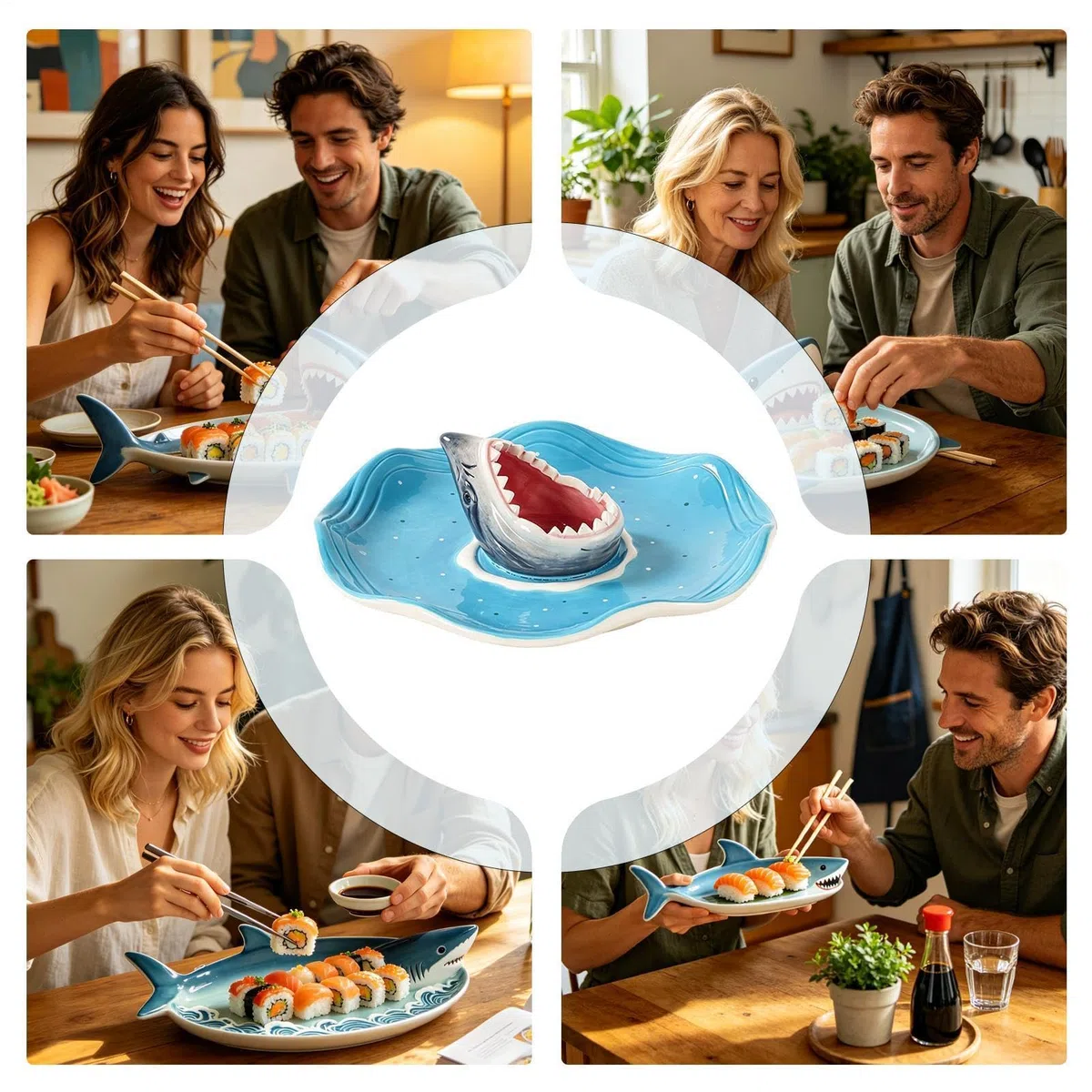 Plato de sushi Plato de Cerámica Pintado a Mano con Compartimento para | Cuenco para Salsas y Aliños Para Charcutería, Queso, Hamburguesa, Gambas, Sardinas, Aperitivos, Palomitas,