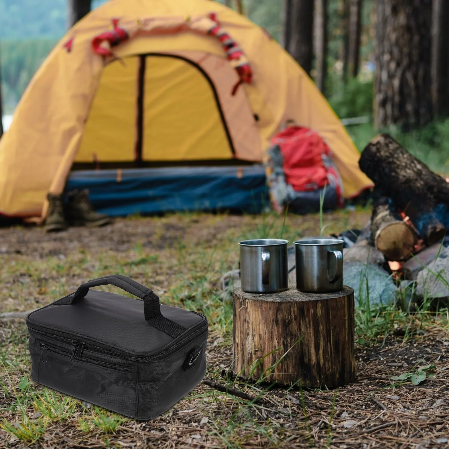 Amosfun Bolsa Térmica para Almuerzo 12v para Coche, Bolsa Aislante Portátil de Oxford Negra, Aluminio para Mantener Alimentos Calientes en Viajes y Oficina