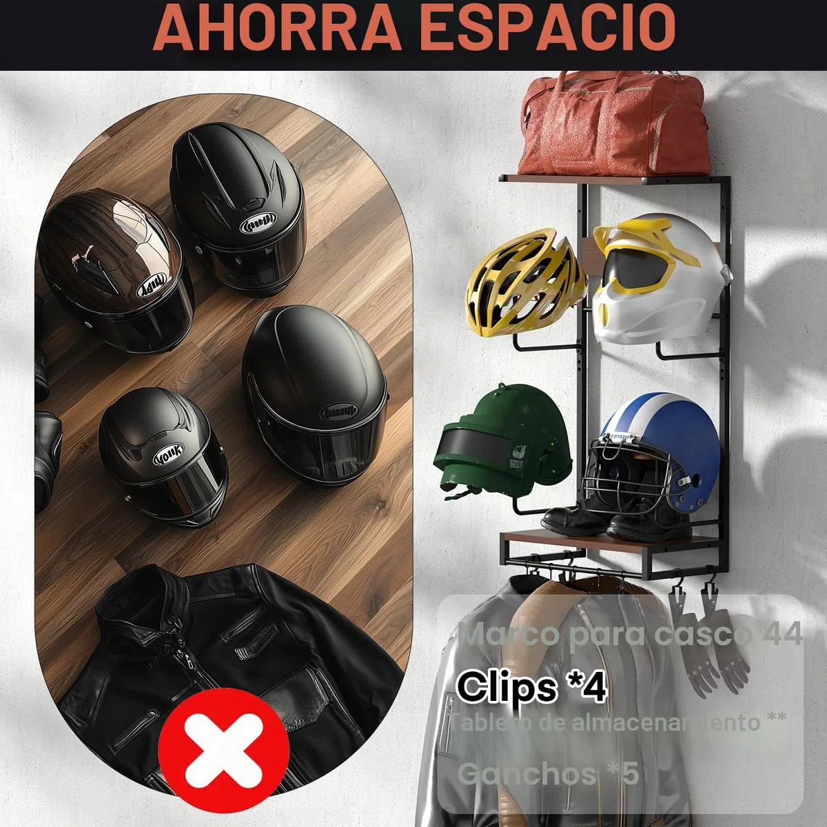 Colgador Casco Moto Pared Perchero para Casco Soporte para colagar el Casco y la Chaqueta Gancho Con Tablero de Madera de 2 Capas para Guardar Accesorios de Motocicleta
