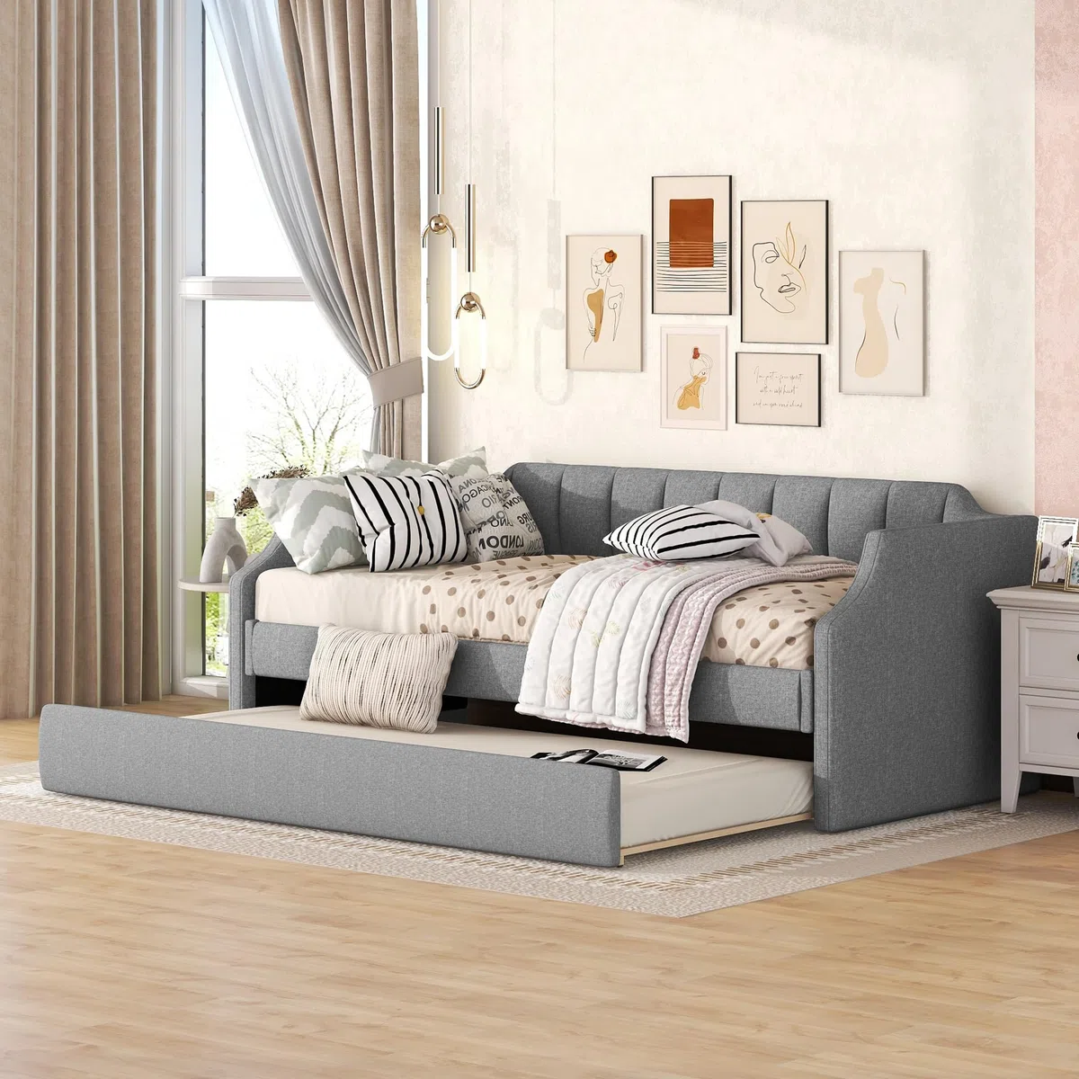 Azkoeesy Sofá Cama tapizado con Cama Nido, 90x200 cm, Cama Doble, Cama de Invitados, para niño y Adulto, máx. 120 kg, Funda de Lino, Color Gris (sin colchón)