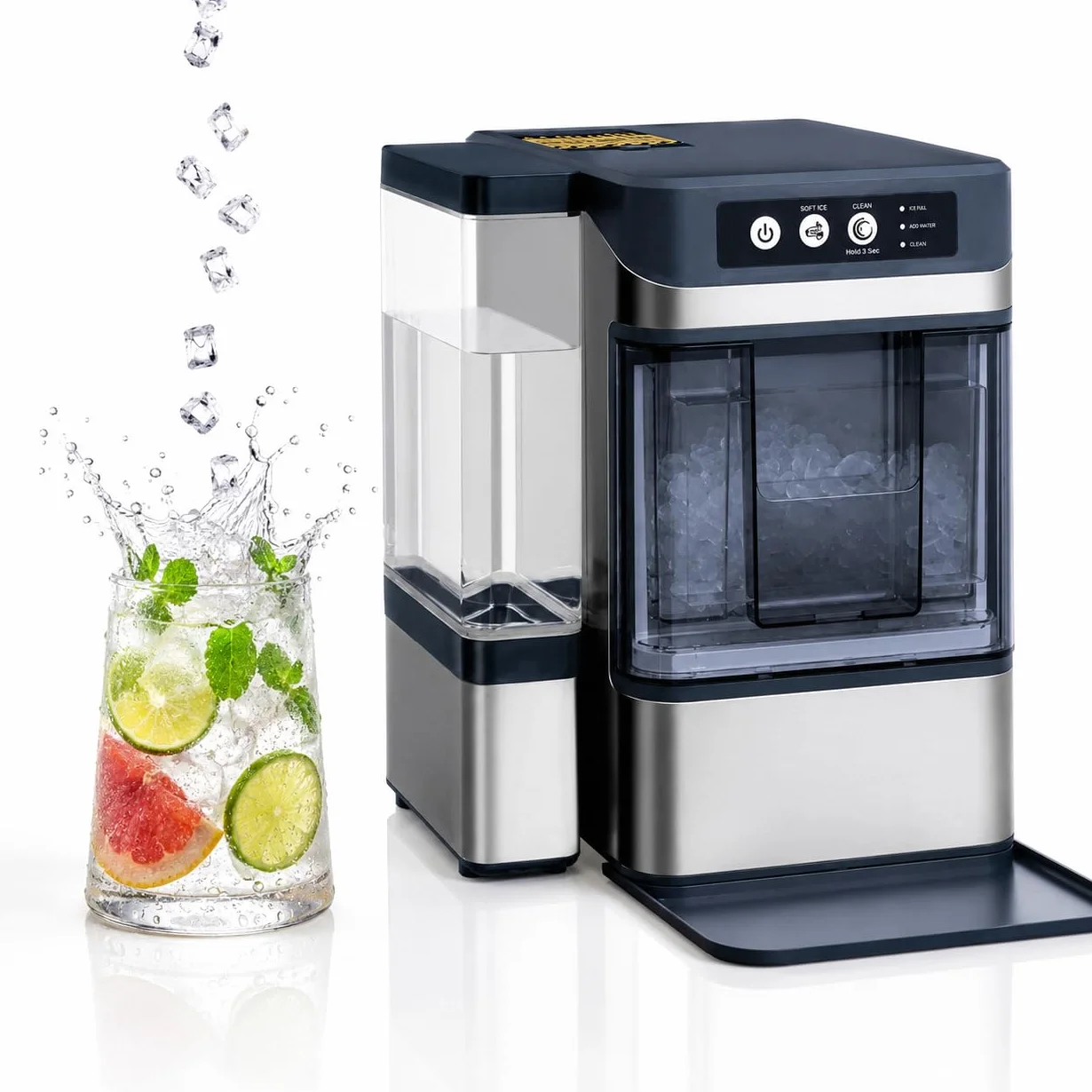Máquina de Hielo Nugget Masticable, 20kg/24h, Hielo en 8-10 Min | Hielo suave ideal para bebidas, con depósito 1,3L, autolimpieza y diseño compacto para hogar, oficina y fiestas.