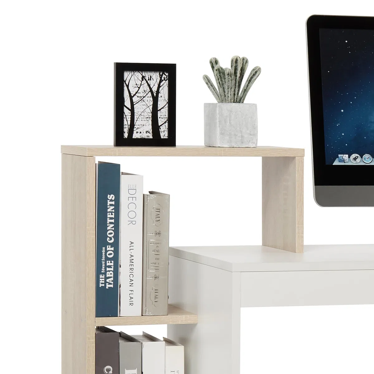 Mondeer Escritorio, Mesa de Ordenador con Estante de Almacenamiento de 3 Niveles, Ahorro de Espacio, para Oficina Estudio Estación de Trabajo, 110 x 40 x 92 cm, Blanco y Roble