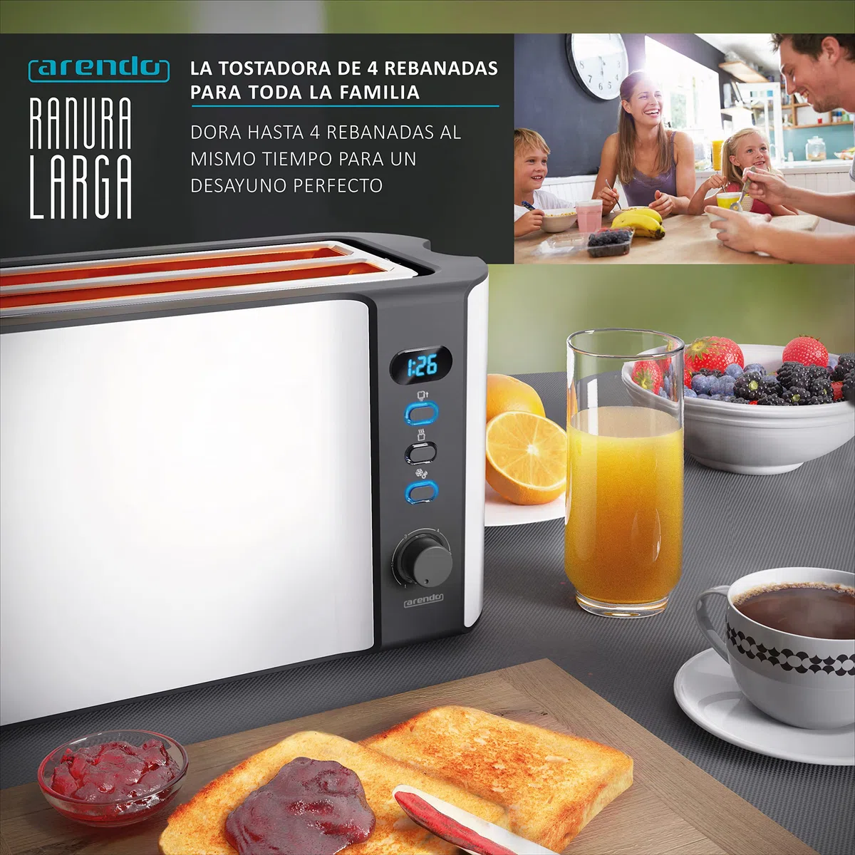 Arendo - Tostadora 4 rebanadas con ranuras largas - 1500 W - 6 niveles - Pantalla indicadora - Descongelación y calentamiento - Soporte panecillos - Bandeja de migas - Doble pared - Acero inoxidable