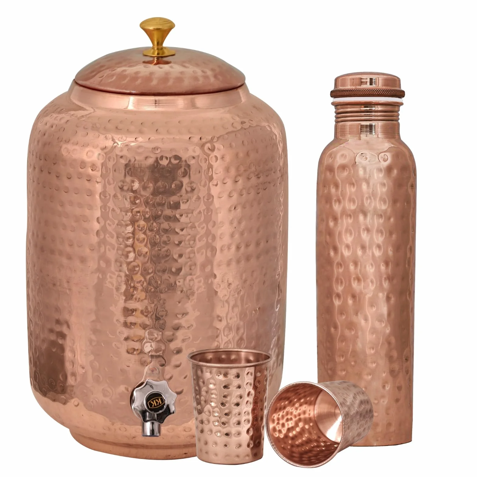 Dispensador de agua de cobre de 8 litros y 2 vasos con juego de botellas de agua, martillado a mano, solución de hidratación ayurvédica