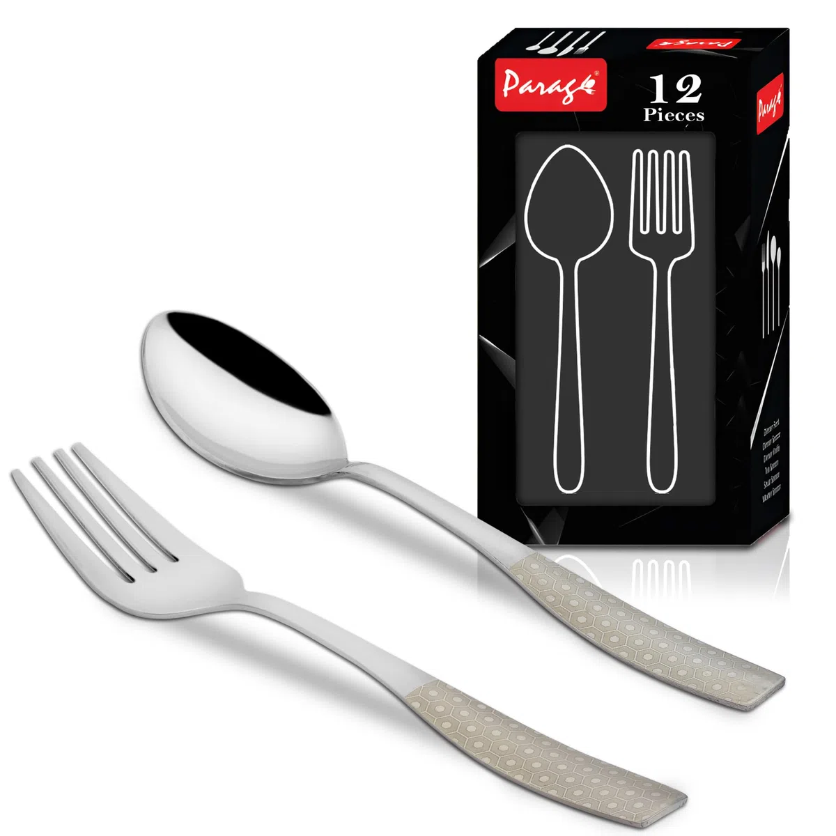 Parage Juego de cubiertos de acero inoxidable de 12 piezas de alta calidad para el hogar y la cocina, vajilla de comedor de lujo, cuchara y tenedor, juego de chammach láser, diseño plateado
