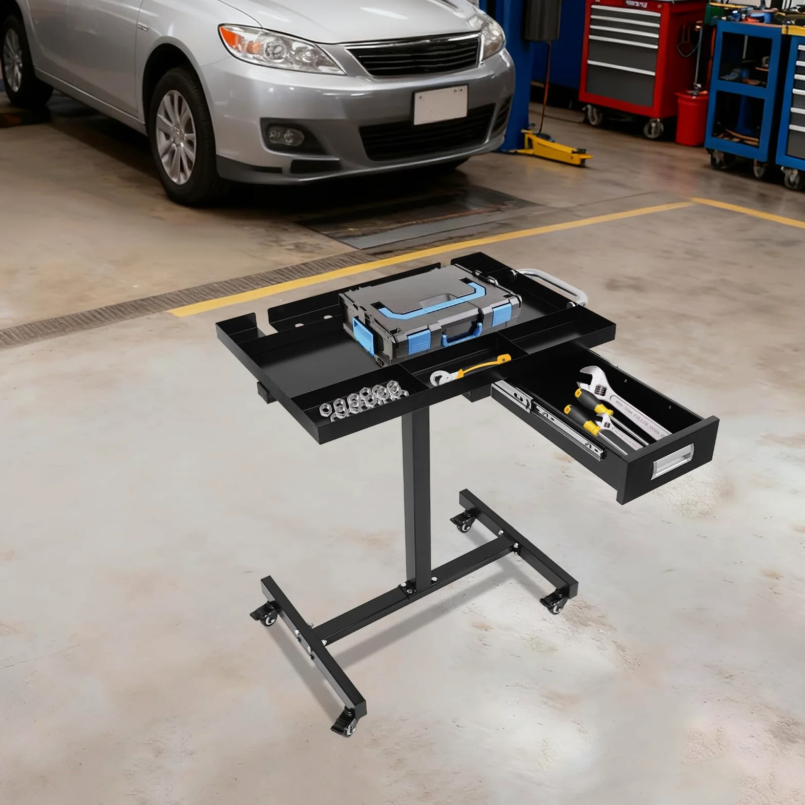 Carro de herramientas con cajón | Mesa de trabajo móvil para garaje y taller | Construcción de acero, 4 ruedas de freno, capacidad de carga de 100 kg y bandeja organizativa (negro)