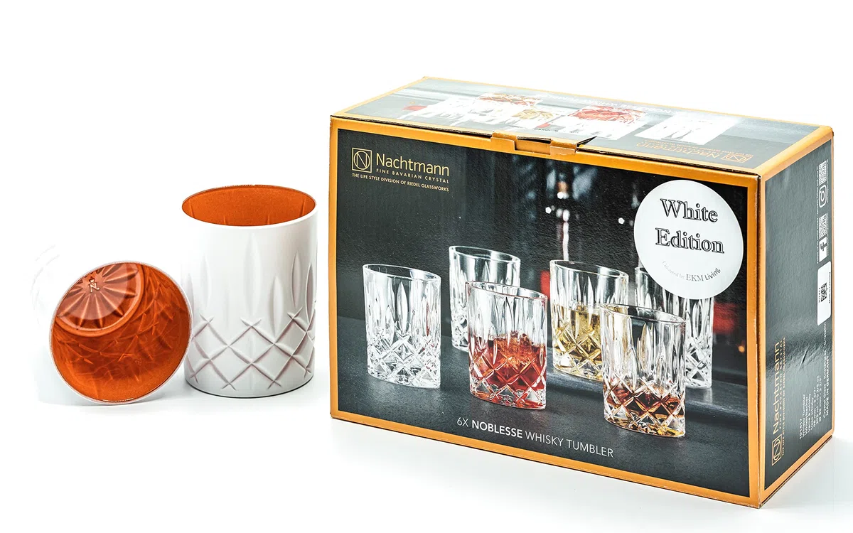 Nachtmann Noblesse - Juego de 6 Copas, Vasos de Whisky White Edition de 295 ml, Aptos para Lavavajillas, Vasos de Agua de EKM (Blanco/Cobre) y 6 Pajitas de Cristal