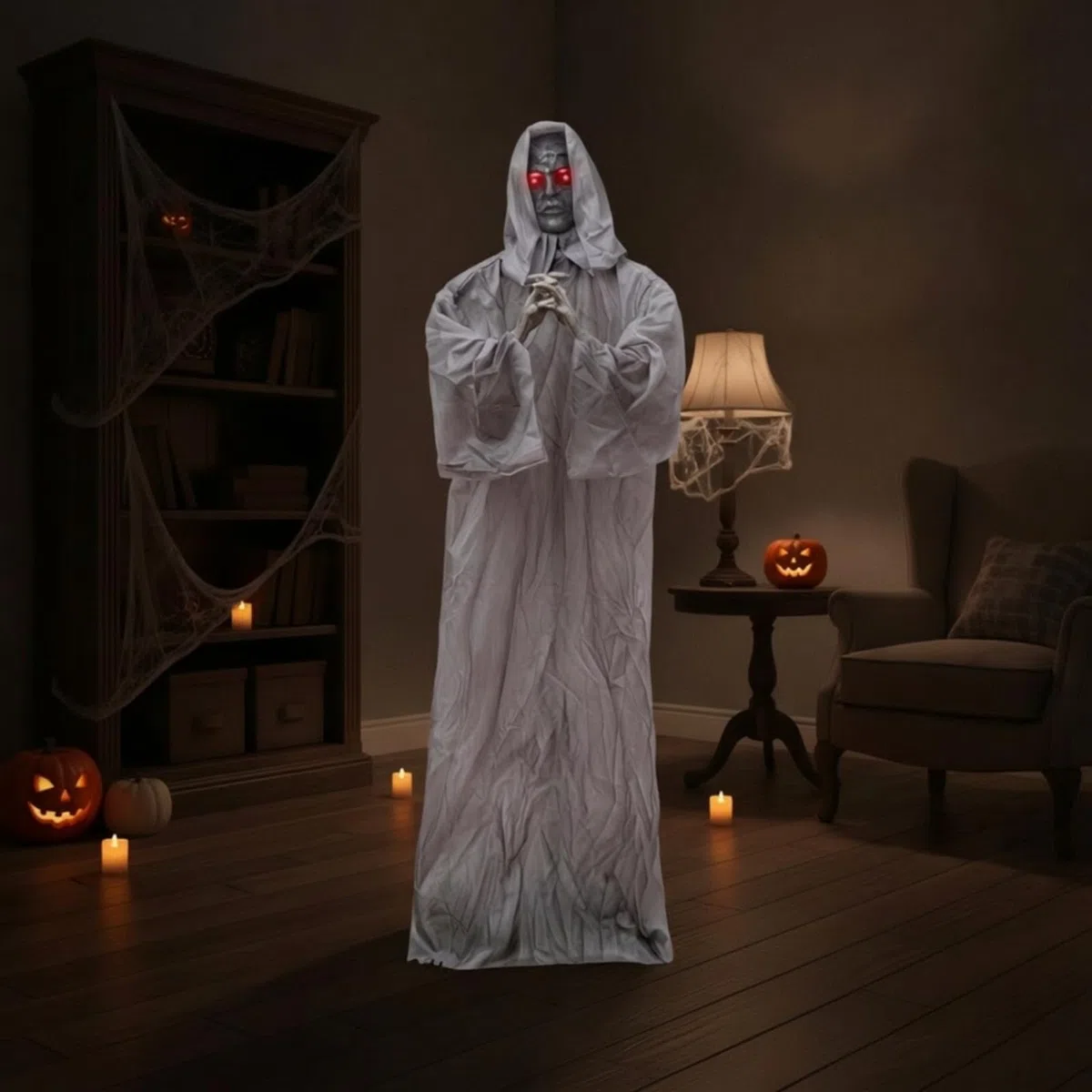 de con Capucha Figura Decorativa de Festival Estatua de Halloween Adorno con Material de Plástico y Tela Activación por Sonido y Temblores Adecuado para Fiestas Entradas Interiores