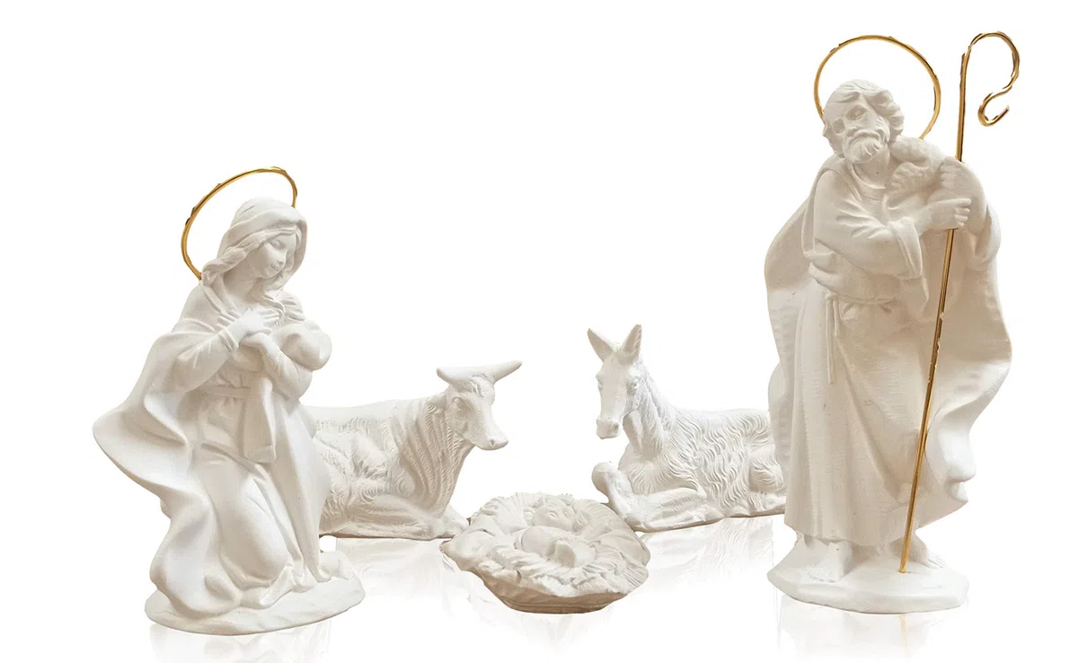 FUNNY CUP Portal de Belén con 5 Figuras Modernas escayola para Pintar. Manualidades. Altura 17 cm. Nacimiento de Navidad