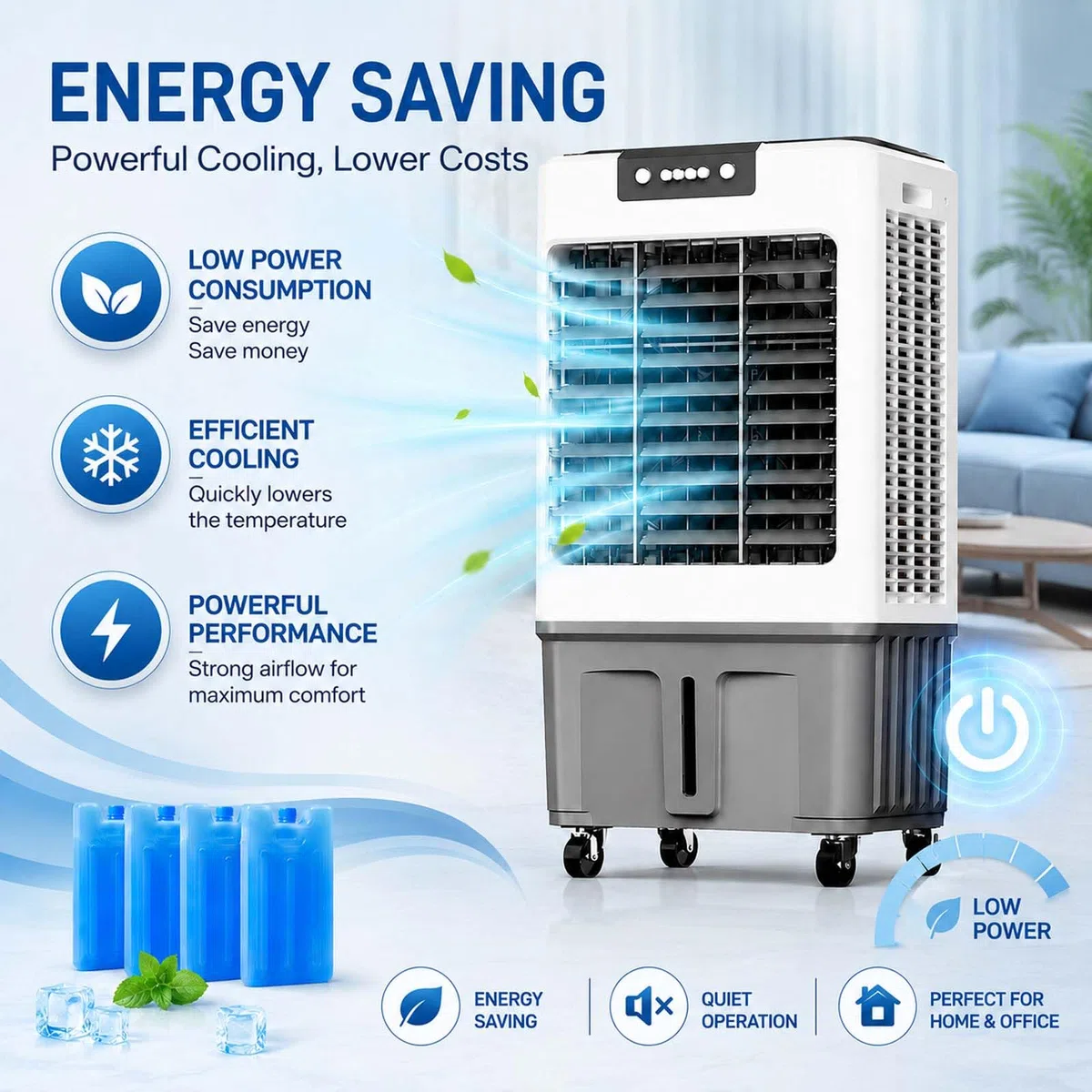 Climatizador Evaporativo Industrial, Sin Tubo con Botones, Ventilador Climatizador para Enfriar, Lamas Oscilantes, 4 Acumuladores de Frío, Temporizador 24 Horas, para Hogar y Oficina