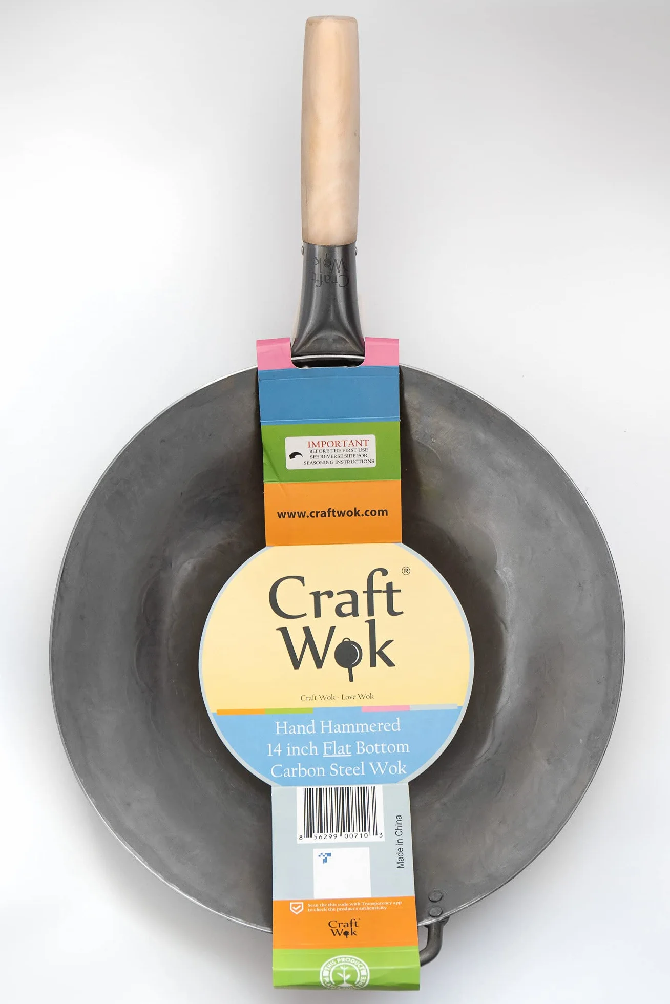 Craft Wok Wok de acero al carbono martillado a mano plano con mango auxiliar de madera y acero (14 pulgadas, parte inferior plana) / 731W316