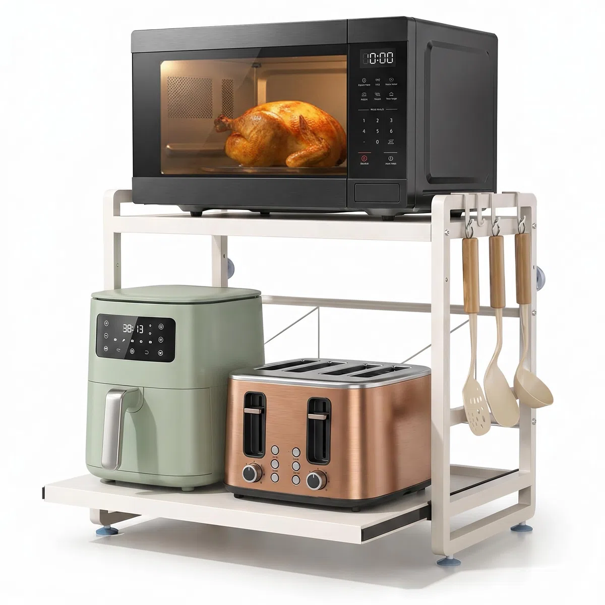 Soporte Ajustable para Microondas Blanco con Bandeja Extraíble, Estante Extensible Antideslizante con Ventosas, Organizador de Cocina Firme, Alta Resistencia y Gran Capacidad de Carga