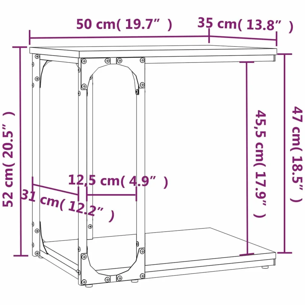 Mesa auxiliar de roble Sonoma, 50 x 35 x 52 cm, mesa de centro en forma de C, ahorra espacio, mesa de sofá de diseño industrial con estructura de metal y estante para salón