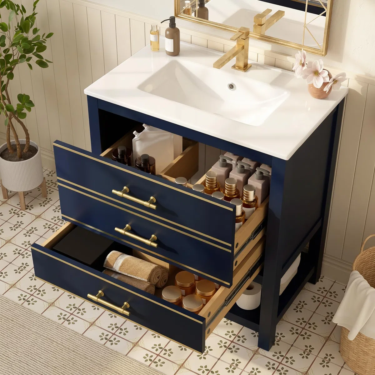 Lexiou Mueble de baño con lavabo de cerámica, mueble de baño independiente con 2 cajones y compartimento abierto, asas doradas, sin grifo ni desagüe (negro y azul)