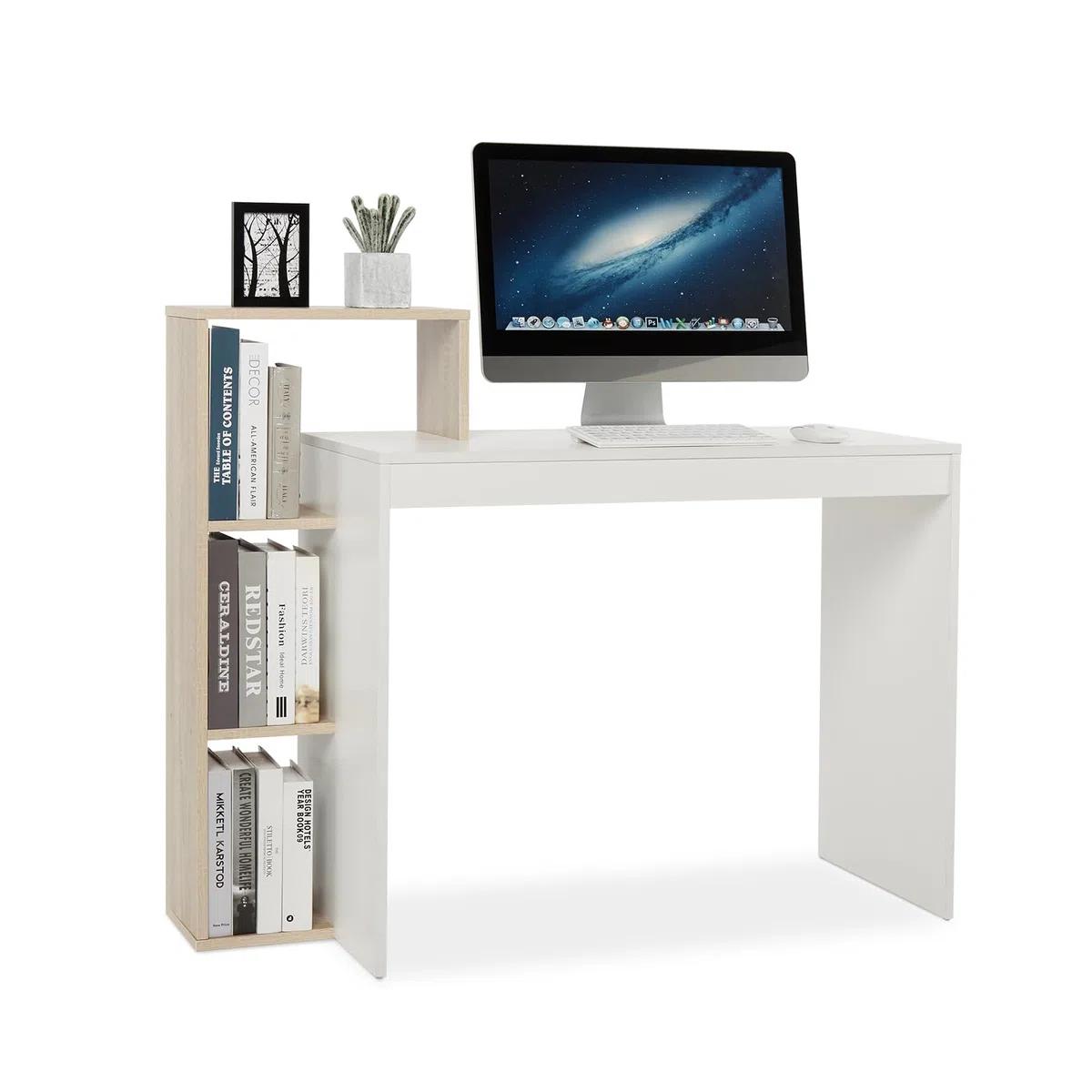 Mondeer Escritorio, Mesa de Ordenador con Estante de Almacenamiento de 3 Niveles, Ahorro de Espacio, para Oficina Estudio Estación de Trabajo, 110 x 40 x 92 cm, Blanco y Roble