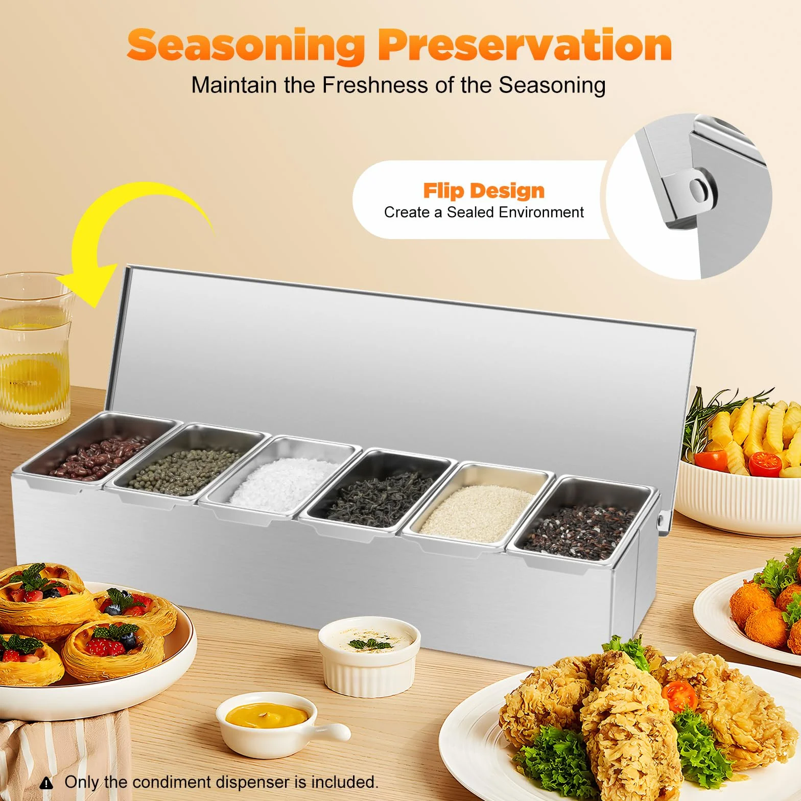 Dispensador de condimentos con tapas abatibles for cocinas y restaurantes, organizador de especias y salsas de acero inoxidable for preparación de alimentos limpios y fácil acceso