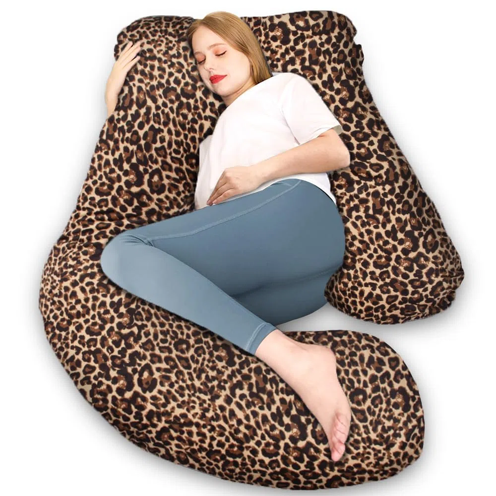 Chilling Home Cojín de maternidad en forma de J, almohada para dormir de lado con funda J, cojín de lactancia, cojín grande, almohada para mujeres y para dormir de lado (estampado de leopardo)
