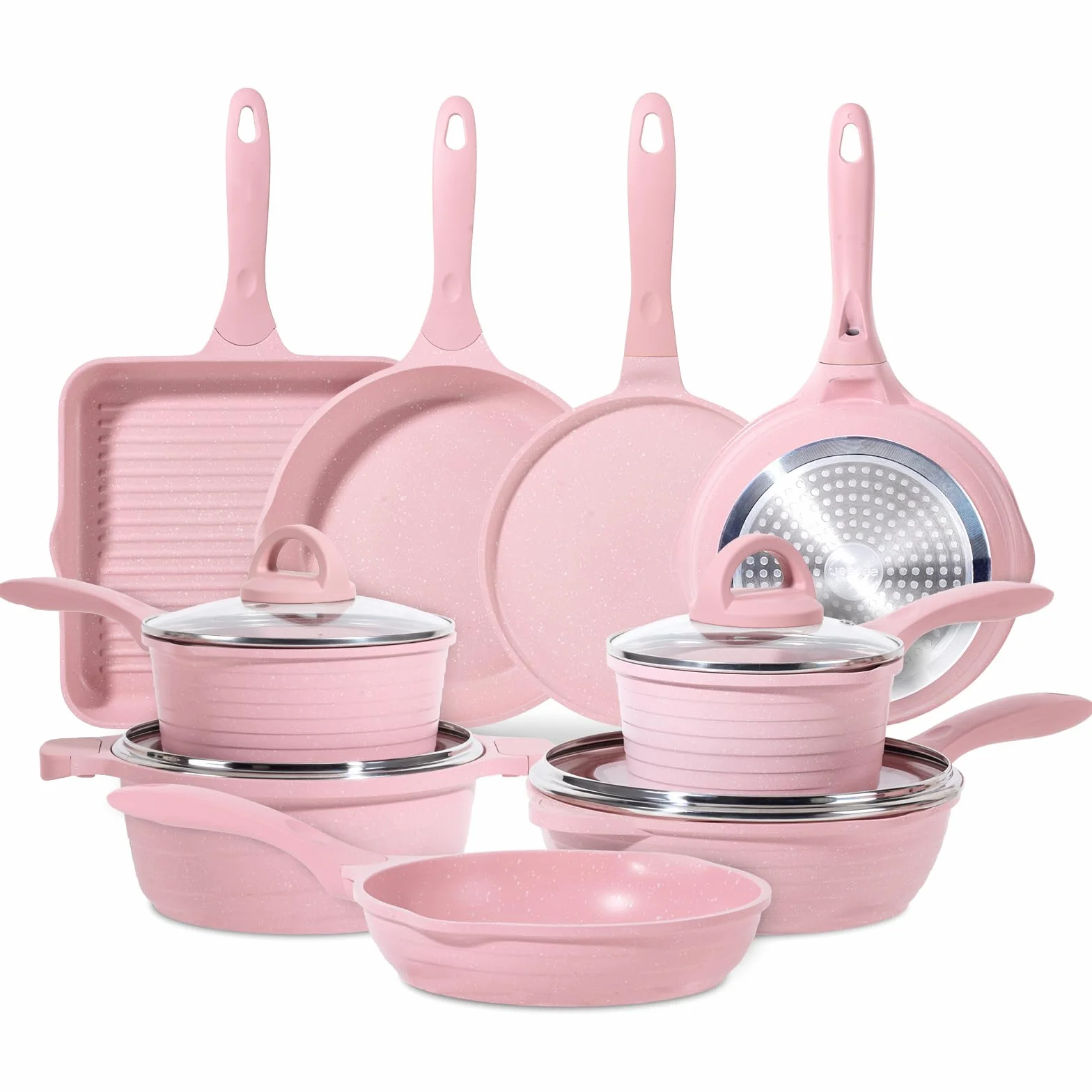 JEETEE Essential Pot Sets Juego de Sartenes 23 piezas, Juego de ollas y sartenes de granito antiadherente, Juego de ollas de inducción y de cocción con tapa, Rosado