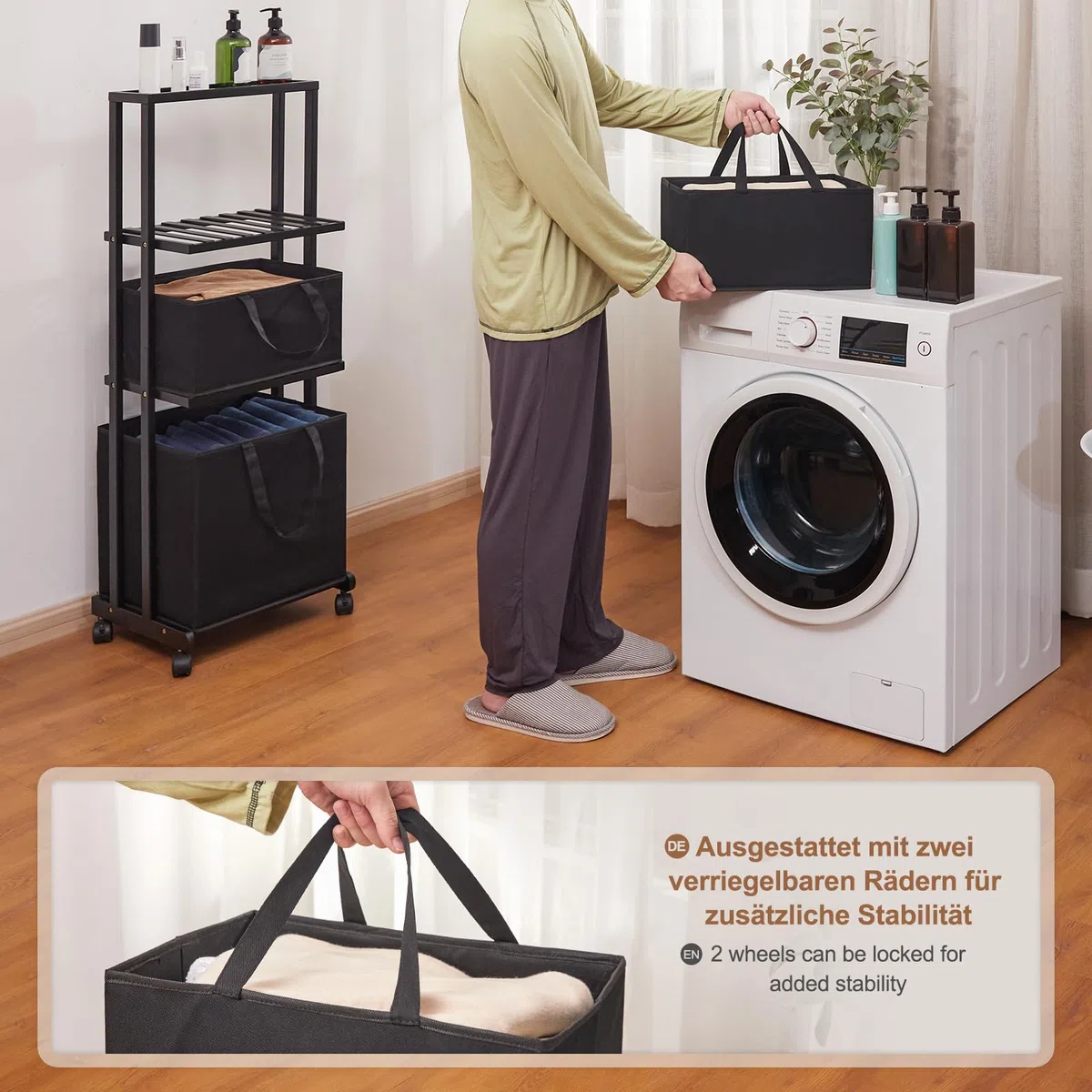 Yorbay Cestos para la Colada，Estantería de Baño en Bambú con Ruedas, 121x42x34cm, Para Ropa Sucia, Armario con Cesta para Organización de Colada (Negro)