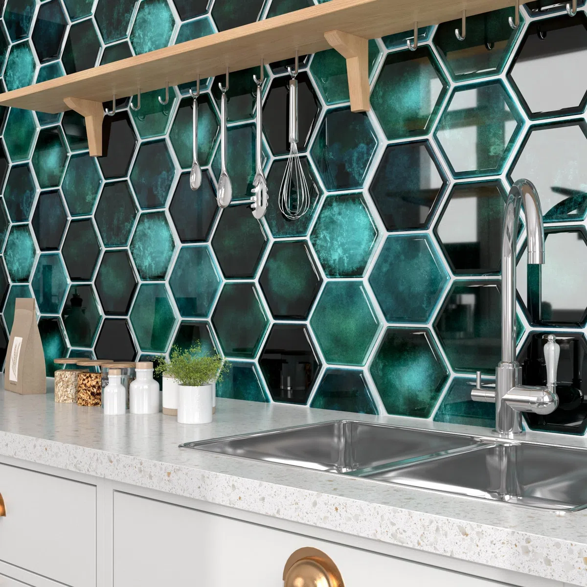 Decotalk Pegatinas para Azulejos Autoadhesivas Geométricas Verde Hexagonal 30.5X30.5cm 15 piezas, Azulejos Adhesivos para la Cocina