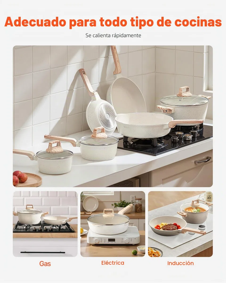 VEVOR Juego de Ollas y Sartenes de 17 Piezas, Antiadherentes de Granito, para Inducción, Apto para Cocina de Autocaravanas, con Tapas de Vidrio Templado y Protectores, Blanco