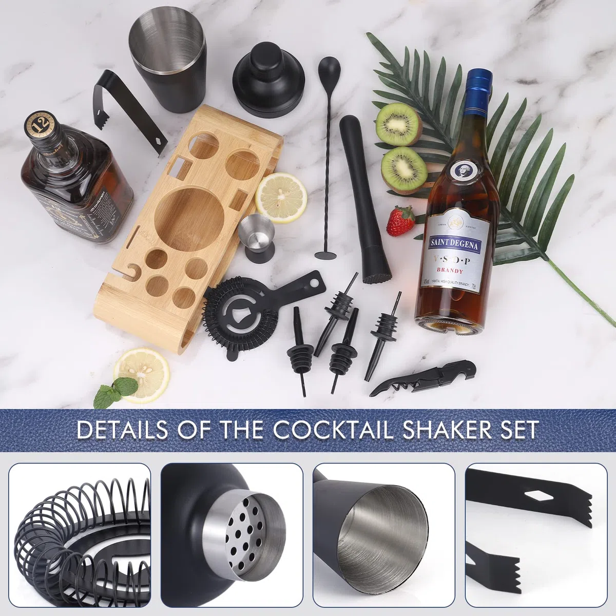 JNWINOG Juego de 12 coctelera de acero inoxidable para barman de 18.5 onzas, juego de cóctel de mezcla de cócteles, kit de preparación de bebidas, bar profesional y herramientas de bar para el hogar