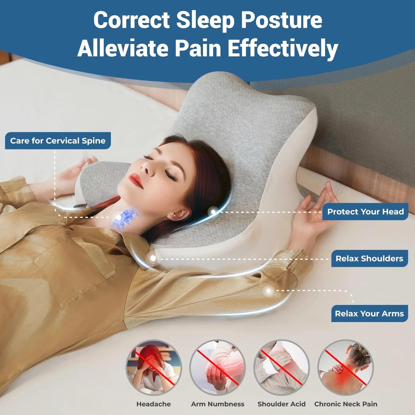 Almohada cervical, almohada de espuma viscoelástica, almohada ortopédica, almohada ergonómica, adecuada para dormir de lado, de espalda y boca abajo (gris)