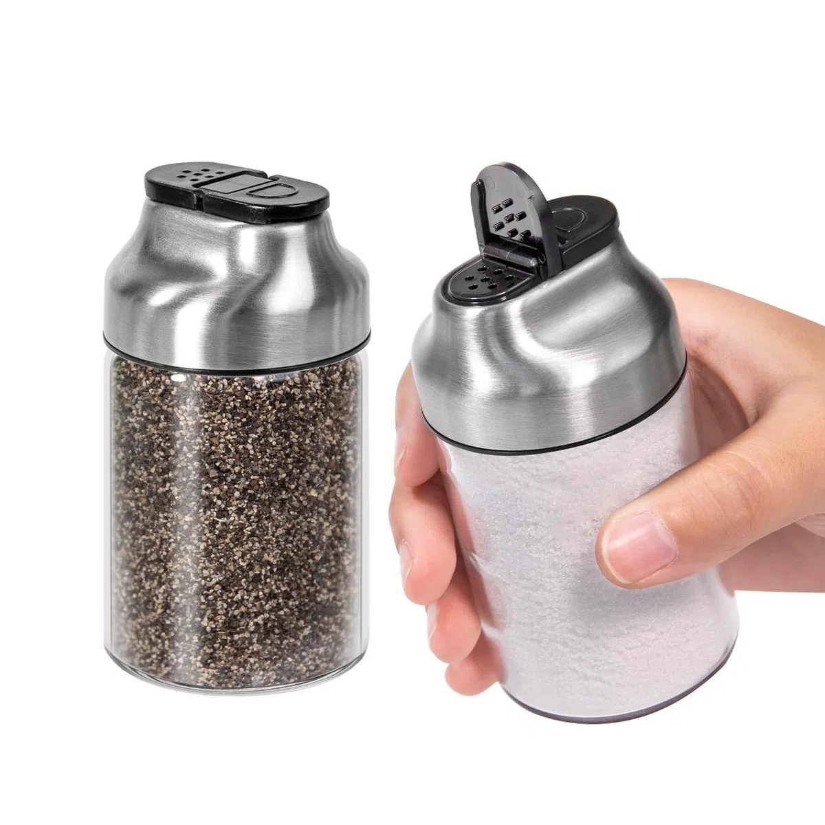 Aelga Juego de salero y pimentero, salero de vidrio de 5 onzas con agujeros de vertido ajustables, dispensador de azúcar con tapa de acero inoxidable, elegantes accesorios de mesa de cocina