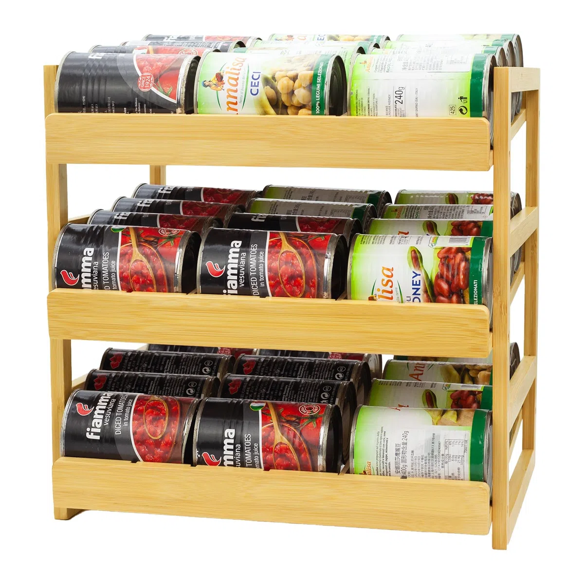 MinBoo Organizador de latas de bambú para despensa, estante apilable para 36 latas, almacenamiento de alimentos enlatados, estante de despensa, armario de cocina o encimera