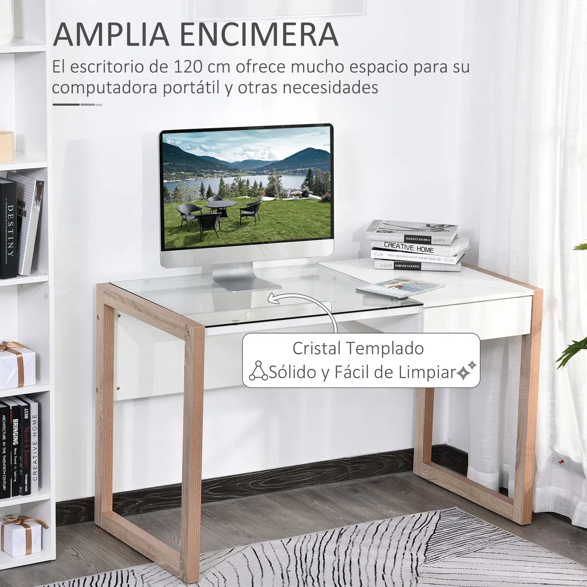 HOMCOM Mesa de Ordenador Diseño Moderno Cajón Oficina 120x60x75 cm Blanco | Mesa de Escritorio, Tablero de Vidrio Templado, Combinación de Estilos, Estudio