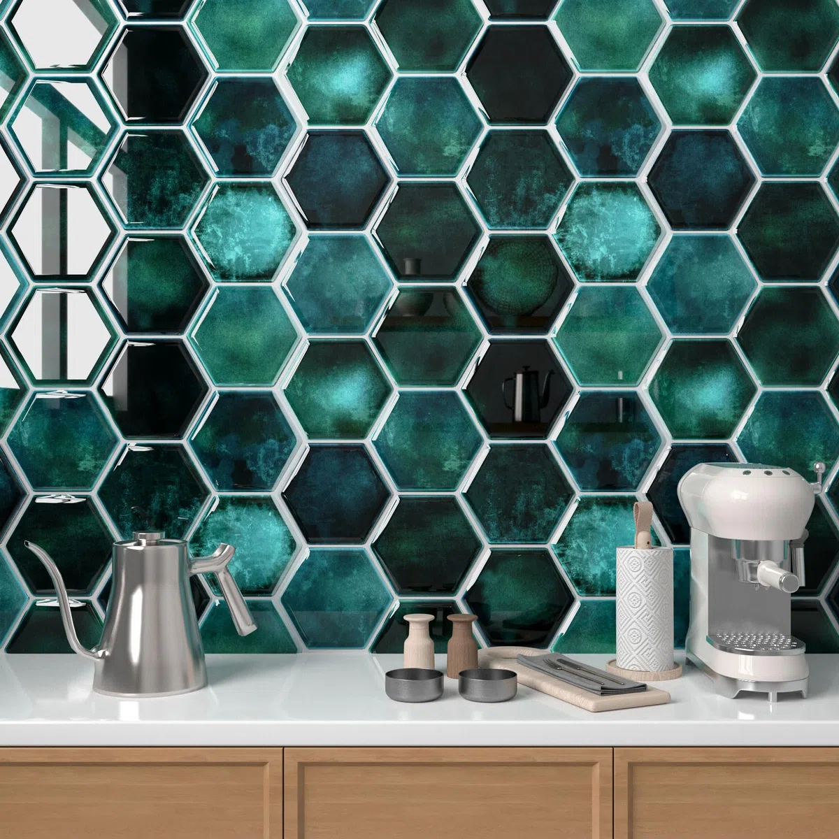 Decotalk Pegatinas para Azulejos Autoadhesivas Geométricas Verde Hexagonal 30.5X30.5cm 15 piezas, Azulejos Adhesivos para la Cocina