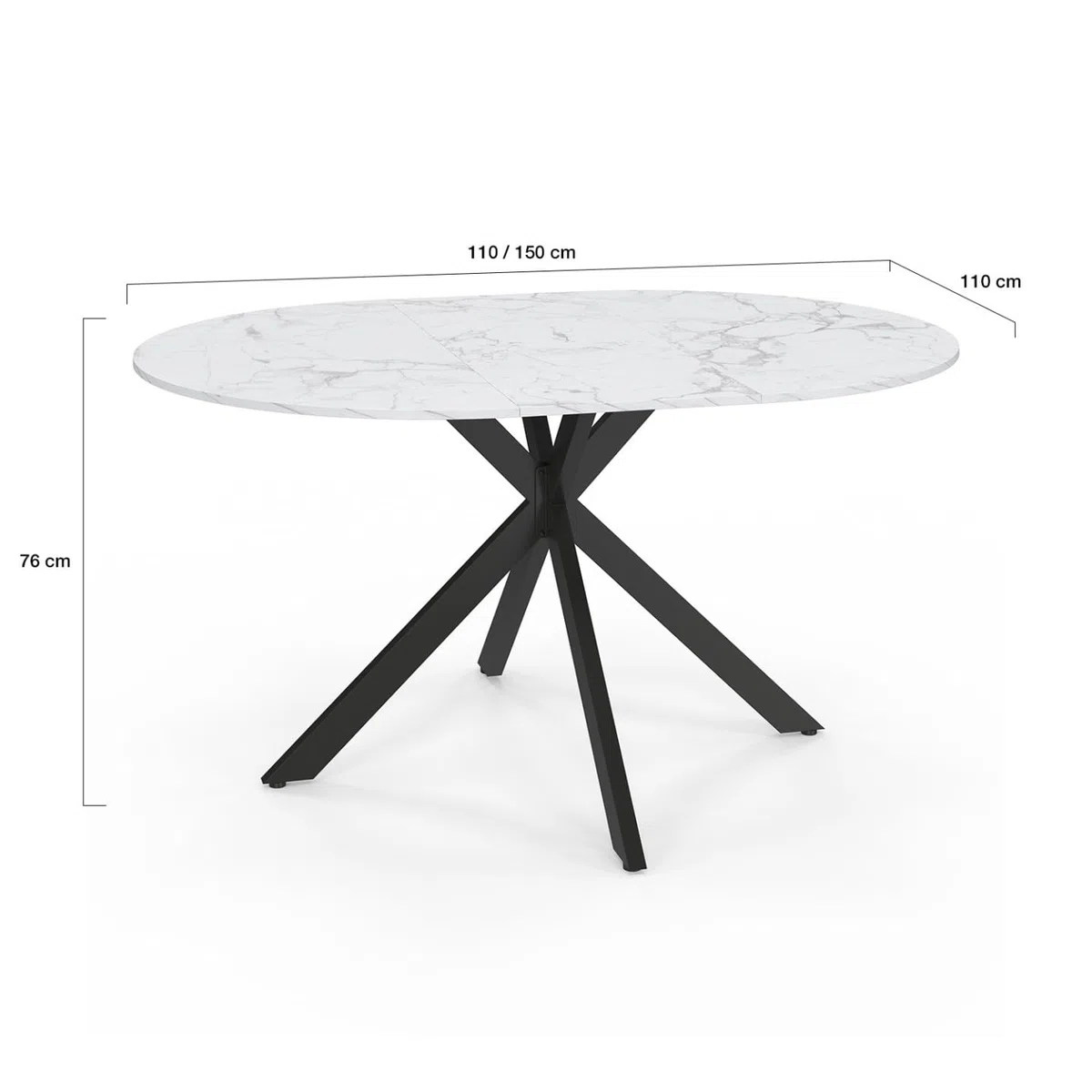 IDMarket – Mesa de comedor extensible redonda Alix 4-8 personas, pie araña negro, bandeja efecto mármol blanco Alaska 110-150 cm